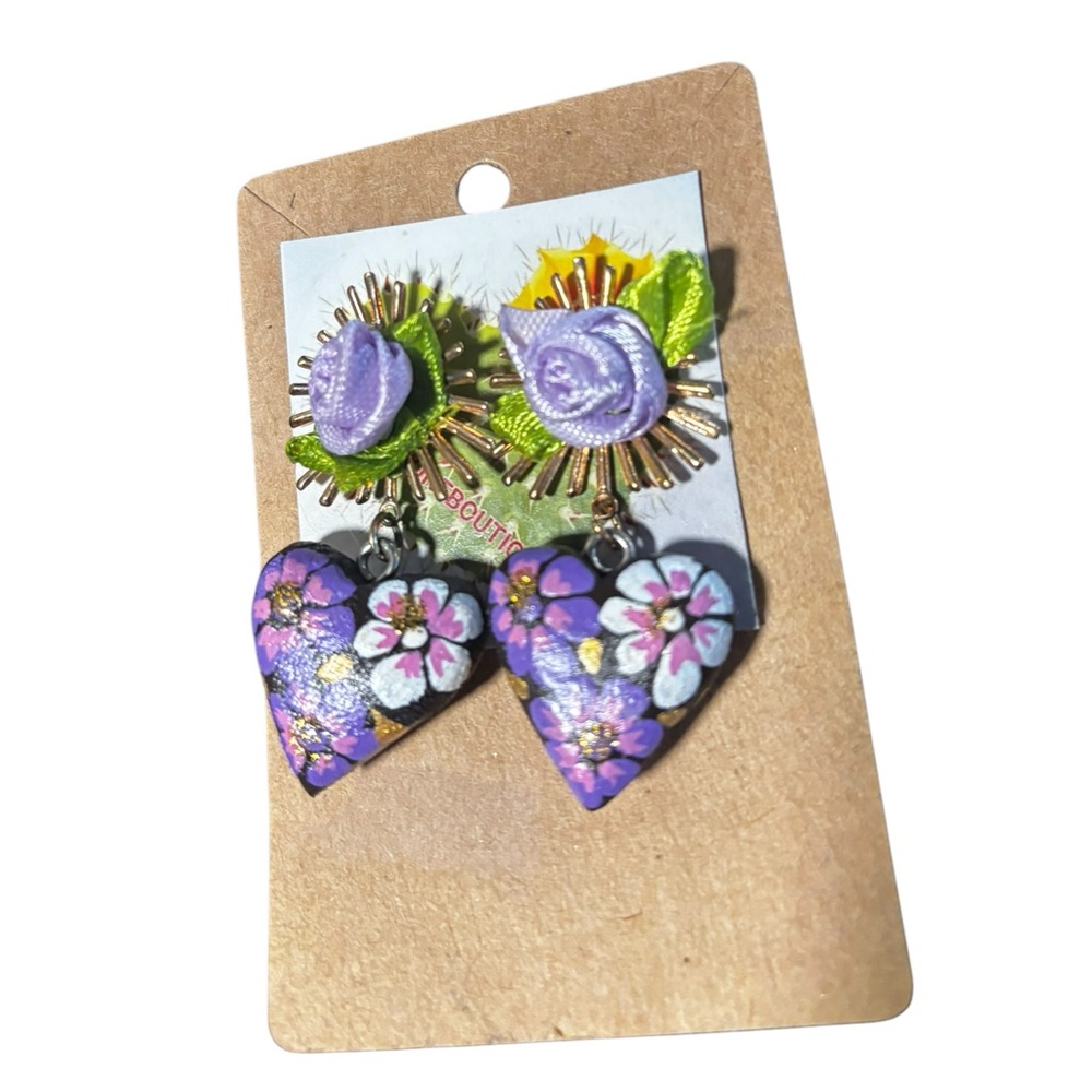 Hand-Painted Floral Heart Drop Earrings — Purple